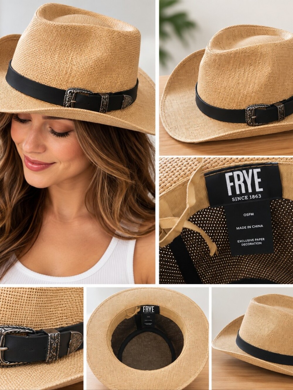 Frye Tan Straw Western Hat with Black Buckle Band